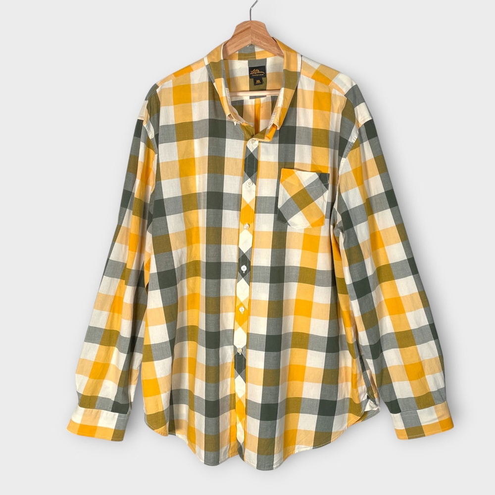 LL Bean Long Sleeve Shirt Men's XXL 100% Cotton Button Down Green Yellow Plaid